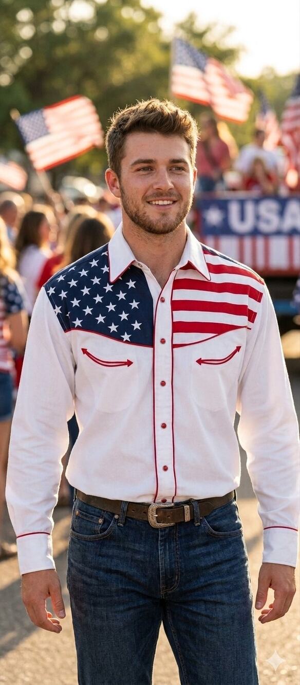 Rockmount Ranch Wear Tru-West Western Patriotic Snap Cotton Shirt Large Flag